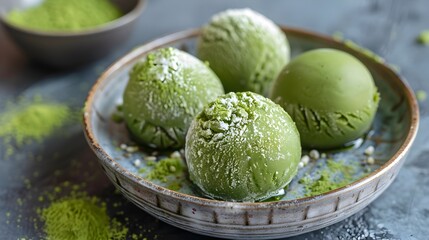 Freshly Prepared Matcha Mochi Ice Cream Balls in Wooden Bowl