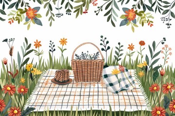 Fototapeta premium Isolated vector illustration of a picnic blanket with a basket and fresh spring flowers on a white background, charming and spring-themed 