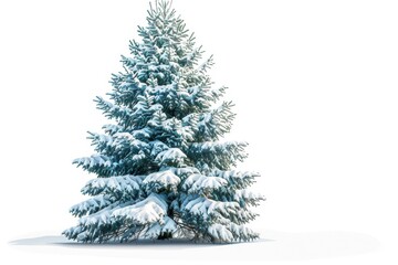 Isolated vector illustration of a pine tree covered in snow on a white background, simple and serene
