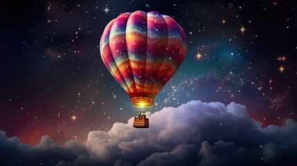 Fototapeta premium Colorful hot air balloon flying high in sky at night