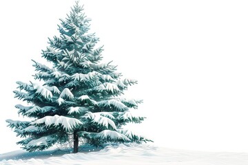 Obraz premium Isolated vector illustration of a pine tree covered in snow on a white background, simple and serene 