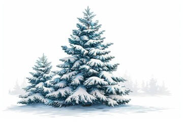 Obraz premium Isolated vector illustration of a pine tree covered in snow on a white background, simple and serene 