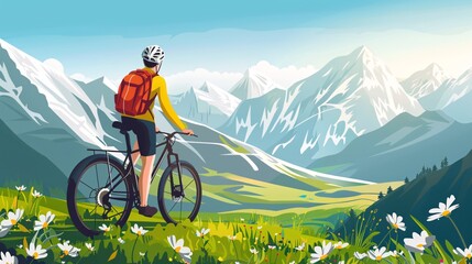 Fototapeta premium A solitary cyclist of European descent embarks on a summertime journey through mountainous terrain, surrounded by picturesque mountain views.