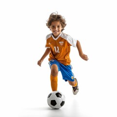 Young boy with soccer ball  isolated on white background