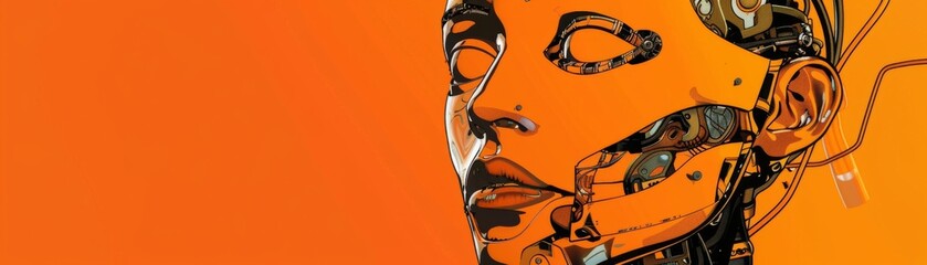 Fototapeta premium Detailed mechanical face on orange background, promoting AI newsletter.