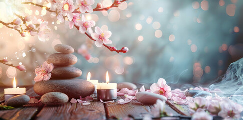 zen stones with burning candles and spring flowers on a wooden table over a blurred background, in the style of a spa concept banner