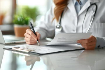 Fototapeta premium Close-up hands of a female doctor working with documents