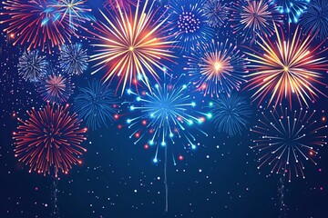 Fototapeta premium Celebrate the Fourth of July with a festive display of fireworks on a vector design for posters, banners, flyers, and templates.