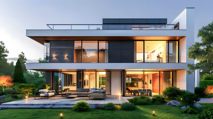 Fototapeta premium Modern two-story house with large windows, balcony, garden and lush green trees.