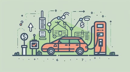 The image shows an illustration of a car being charged at a charging station with various symbols and graphs around it.
