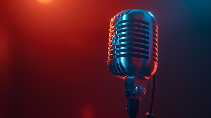 A professional studio microphone, a condenser type, is showcased against a dark background, emphasizing its suitability for podcasting. The microphone symbolizes the recording