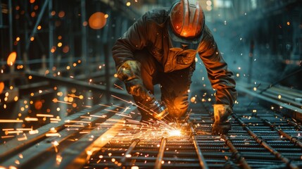 Construction worker cutting steel rebar with torch in urban building site, sparks flying.