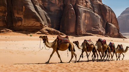 caravan of camels wandering across the wadi Rum desert caravans de dromedaries dens le Sahara Mountain sky landscape background GENERATE AI,
