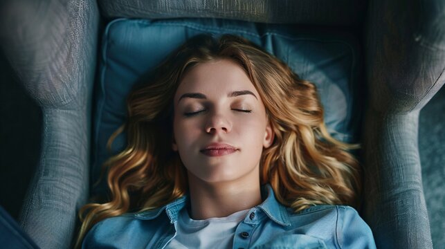 Therapist uses hypnosis on woman to heal mental issues from troubled past, as she rests on sofa in trance.