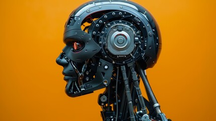 Fototapeta premium Innovative robotic head with mechanical parts, against vibrant orange backdrop with AI text.