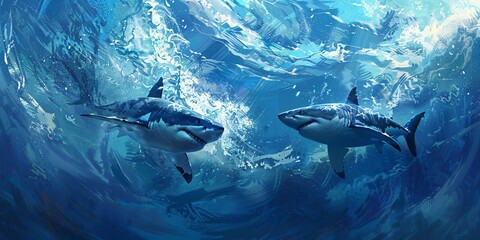 Obraz premium Two magnificent white sharks swim beneath the waves.