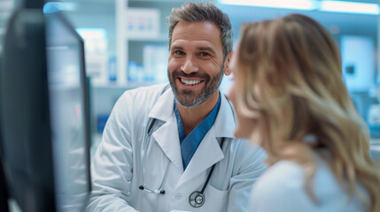 A cheerful doctor in a white coat engages in conversation with a patient, promoting a friendly and professional healthcare environment.
