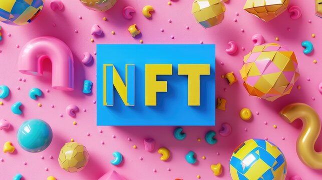 NFT with blue yellow lettering on pink background