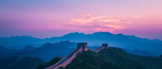Fototapeta premium Fireworks display over the Great Wall of China, lighting up the night sky with vibrant colors, celebrating the founding of the PRC in a historic setting
