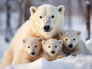 A polar bear mother and her cubs playing in the snow