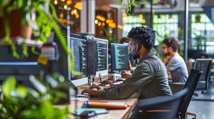 Programmers are seen collaborating and working on software development in an office environment, focusing on coding and development tasks.