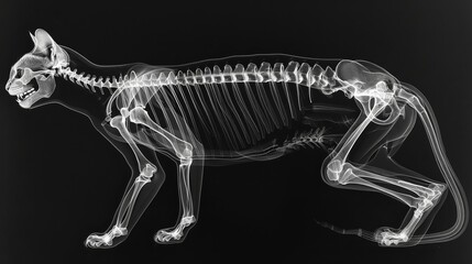 Detailed X-ray of domestic cat skeleton showing skull, spine, and ribcage.