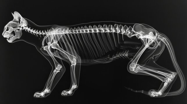 Detailed X-ray of domestic cat skeleton showing skull, spine, and ribcage.