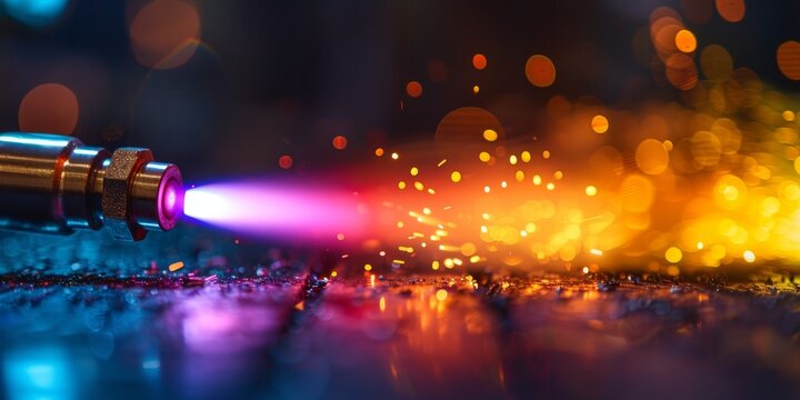 Vivid colors dance as a torch cuts steel, showcasing skilled craftsmanship and precision in a dazzling display of artistry.