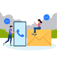 Vector illustration of a man and a woman sitting on the envelope with a phone.