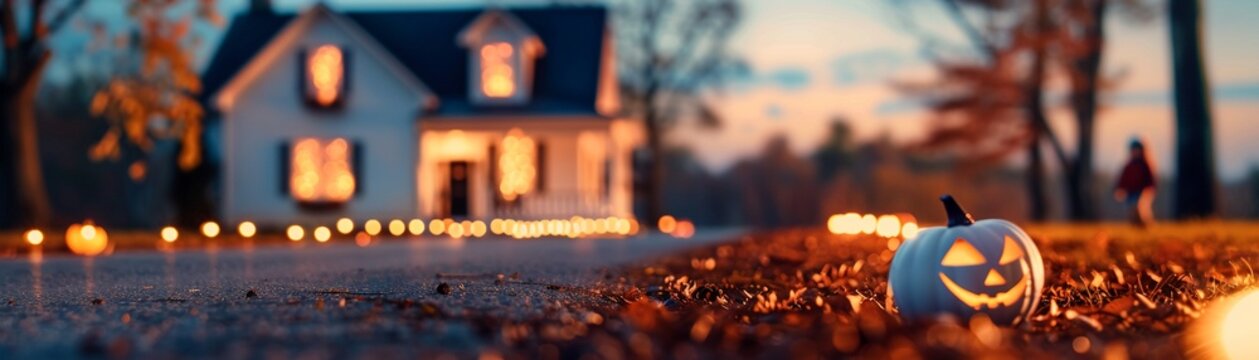 Neighborhood decorated with Halloween lights and displays, children in costumes running from house to house, the air filled with excitement and laughter
