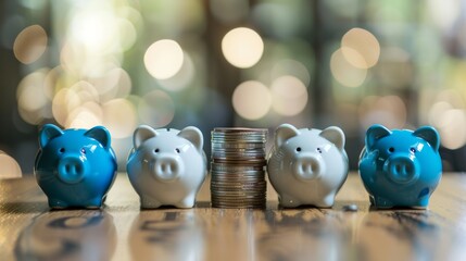 Obraz premium Stack of coins, white and blue piggy bank placed on a wooden table with natural bokeh in the background. Save money for financial freedom, emergencies, retirement. and stability in the future