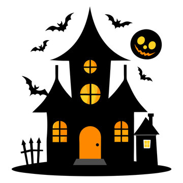 black haunted house with bats and moon clip art preview