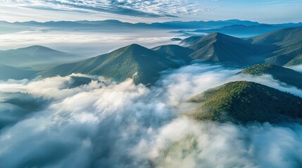 Scenic mountain view. Aerial cloudscape with clouds rolling over foggy mountain ridges AI generated