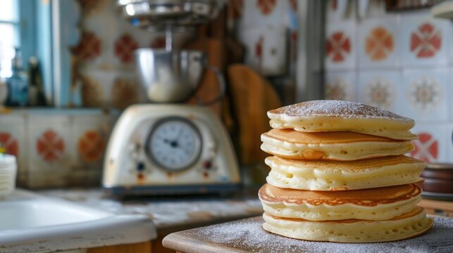 A stack of pancake mix boxes with a vintage kitchen scale in the background.