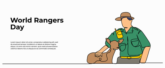 Vector illustration of the forest ranger takes care of the deer.Modern flat in continuous line style.