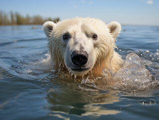 A polar bear swimming through icy waters