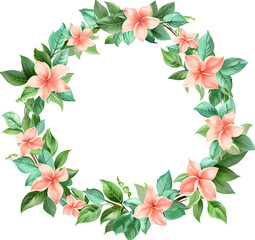 Fototapeta premium Delicate floral wreath made of soft pastel pink and green leaves, flowers and vines on a white background with margins,