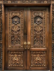 Ornate Wooden Doors with Geometric and Floral Patterns