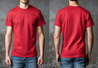 Hispanic young man wearing a red casual t-shirt. Side view, behind and front view of a mock up template for a t-shirt design printHispanic young man wearing a black casual t-shirt. Side view, behind