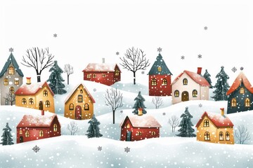 Isolated vector illustration of a winter village scene with snow-covered houses, trees, and falling snow on a white background, detailed and charming