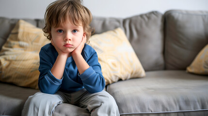 Sad and unhappy little boy sitting on the sofa chair