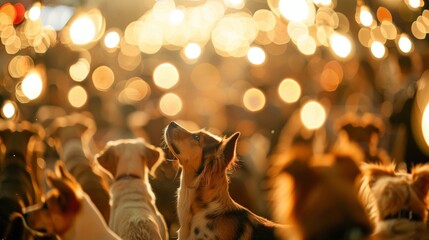 A defocused view of a sea of wagging tails and barking canines all under the bright lights of the show.