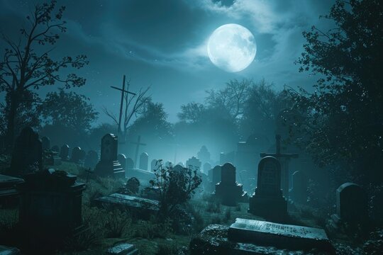A spooky mist enveloping a moonlit graveyard, with shadows lurking among the tombstones.