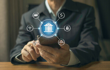 Closeup Businessman Use Smartphone  with online banking digital technology, mobile banking, shopping, payment, finance, bank, withdraw money, account, transfer,financial and global business online.