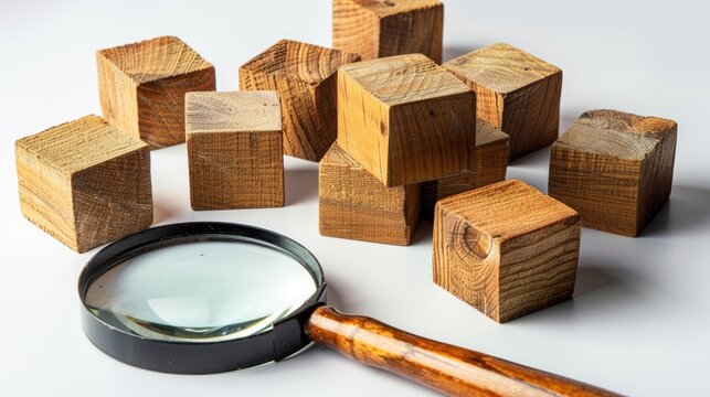 Concept clarification for marketing target audience with wooden cubes and magnifying glass on white background