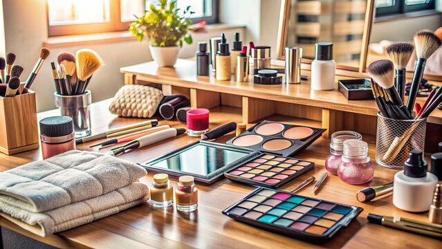 Cosmetic products and beauty tools scattered across vanity, with a napkin and clean facial skin preparation area, ready for makeup application tutorial.,hd 8k