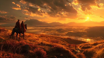 sunset photos A photograph of a man and woman traveling on a black horse through a fantasy-inspired pass.