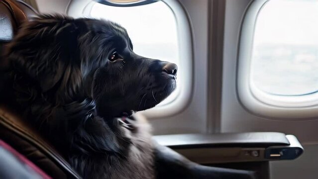 black newfoundland dog sitting in passenger seat of airplane looking at window, safe travelling