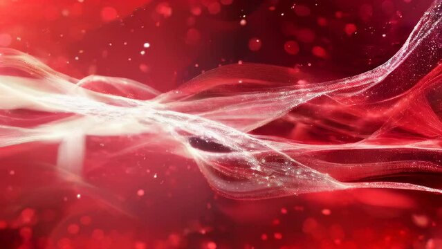 abstract red and white flowing lines with sparkling lights