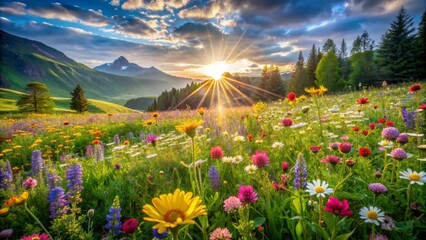 Warm sunlight casts a gentle glow on a lush green meadow surrounded by vibrant wildflowers, symbolizing unity and togetherness in a serene outdoor setting.,hd, 8k.